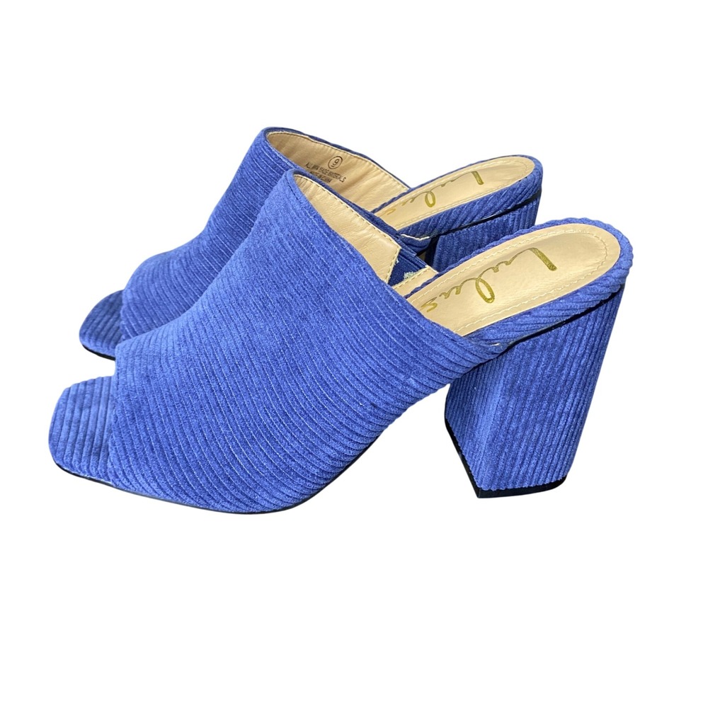 Lulus Raelynn Blue Corduroy Square Toe Block Heel Slide Sandals Womens 9